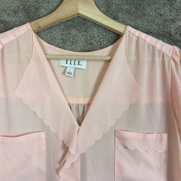 Elle L Large Blush Seashell Pink Scalloped Chiffon Crepe Blouse Button Down Top - Picture 3 of 8